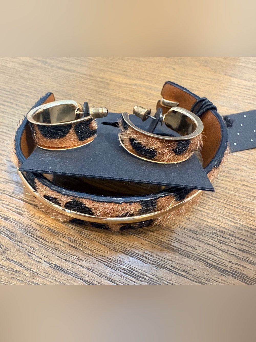 Leopard Haircalf Hoop Earrings and Bangle Set - Brown